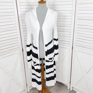 Belldini Crochet‎ Pointelle Striped Duster Cardigan Sweater White Black Medium